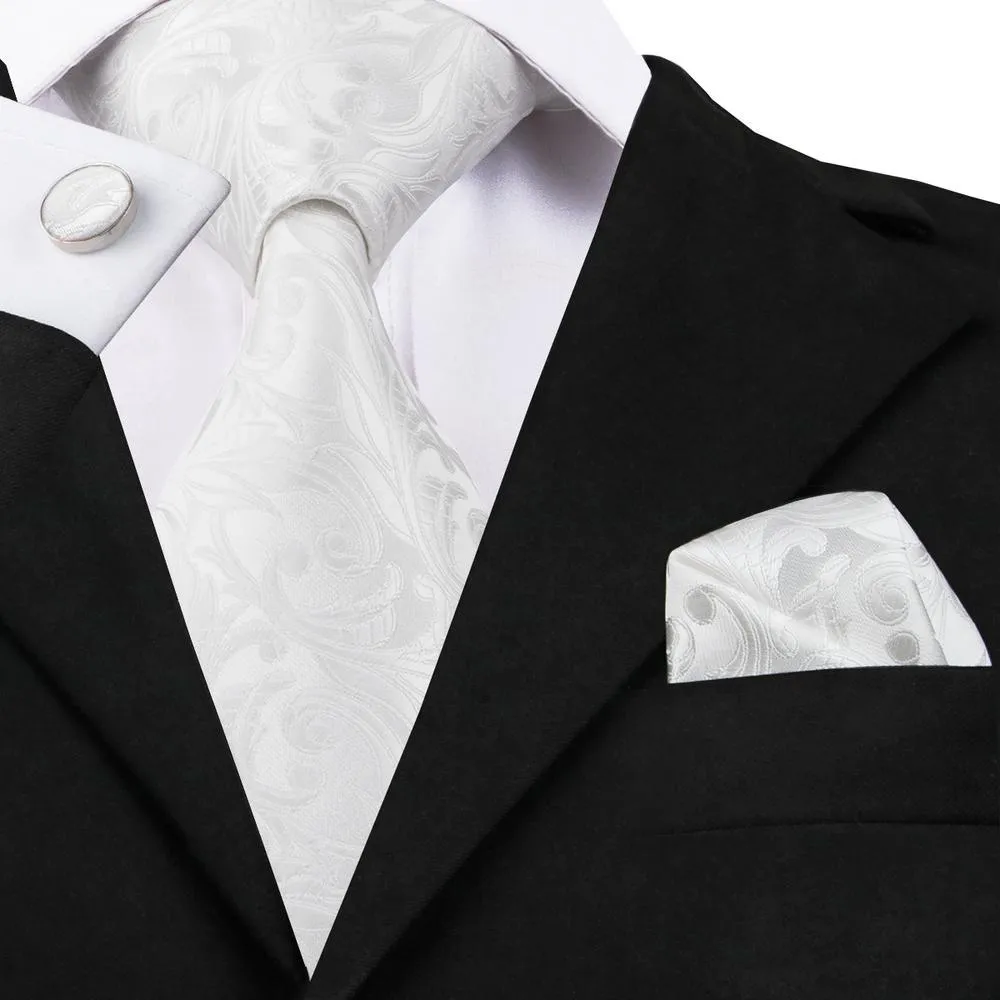 Hi-Tie White Floral Silk 63 Inches Extra Long Tie Hanky Cufflinks Set