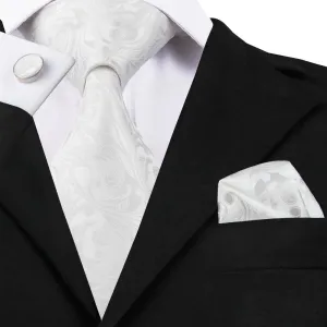 Hi-Tie White Floral Silk 63 Inches Extra Long Tie Hanky Cufflinks Set