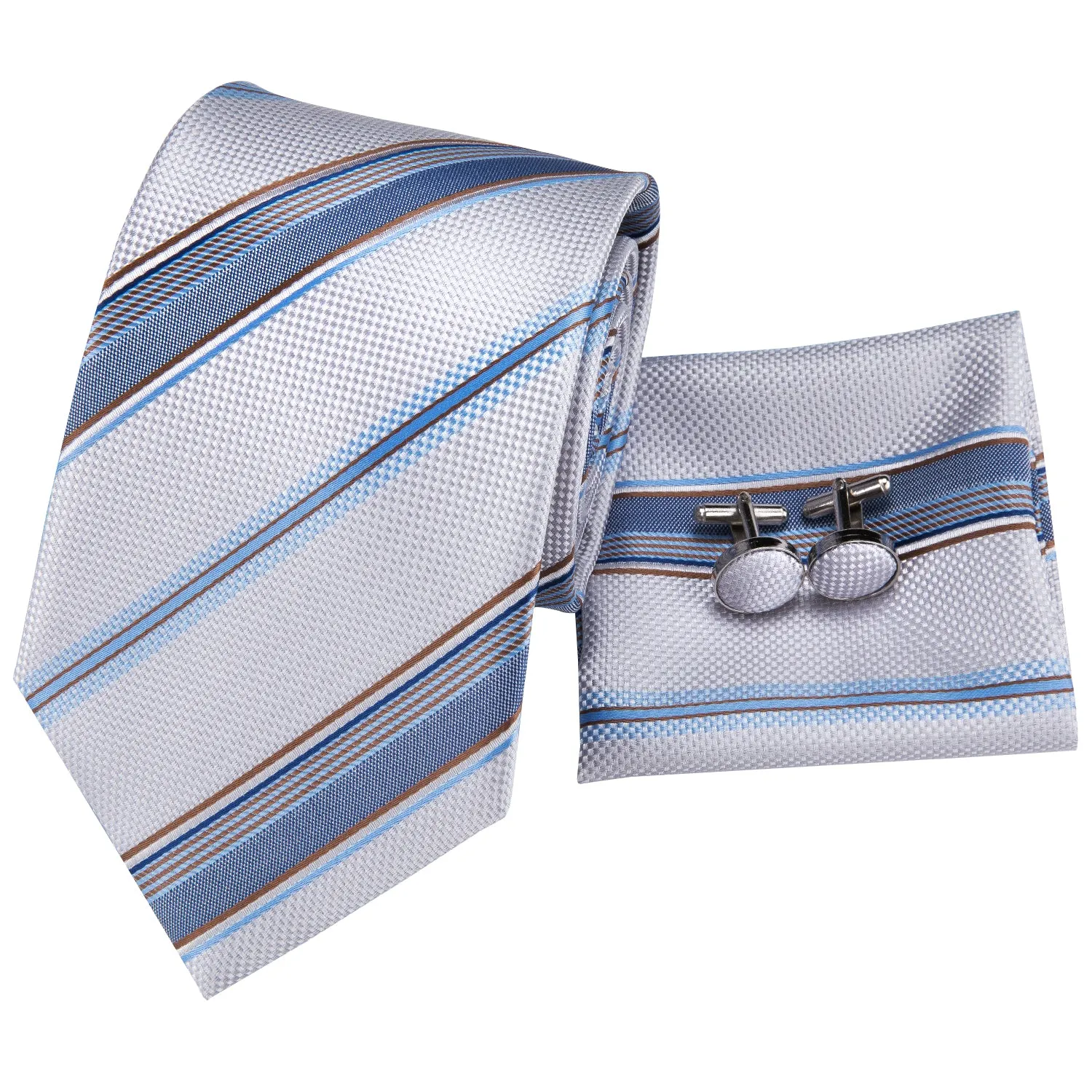 Hi-Tie White Light Blue Striped Men's Tie Pocket Square Cufflinks Set