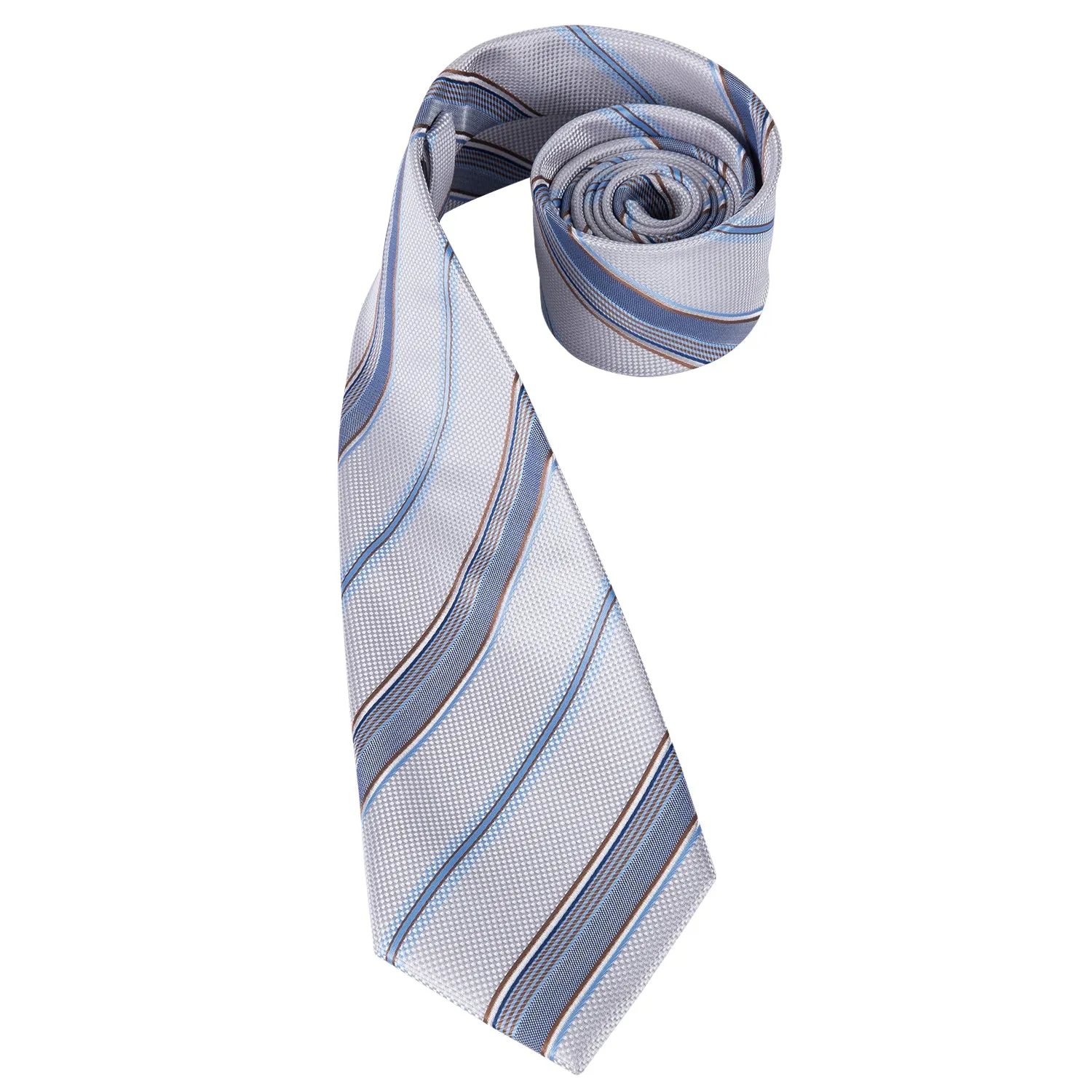Hi-Tie White Light Blue Striped Men's Tie Pocket Square Cufflinks Set