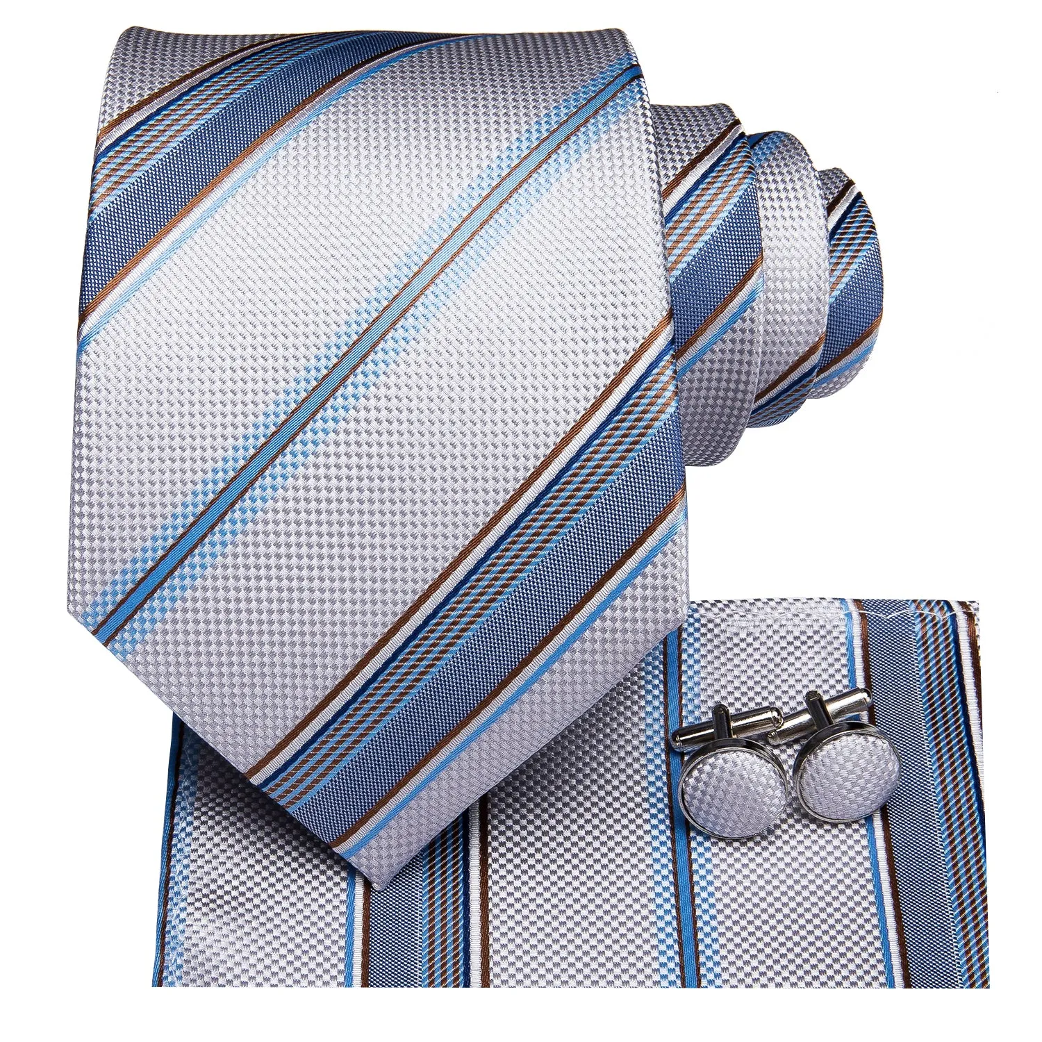 Hi-Tie White Light Blue Striped Men's Tie Pocket Square Cufflinks Set