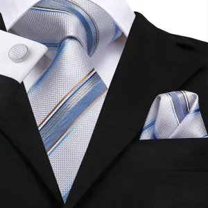 Hi-Tie White Light Blue Striped Men's Tie Pocket Square Cufflinks Set