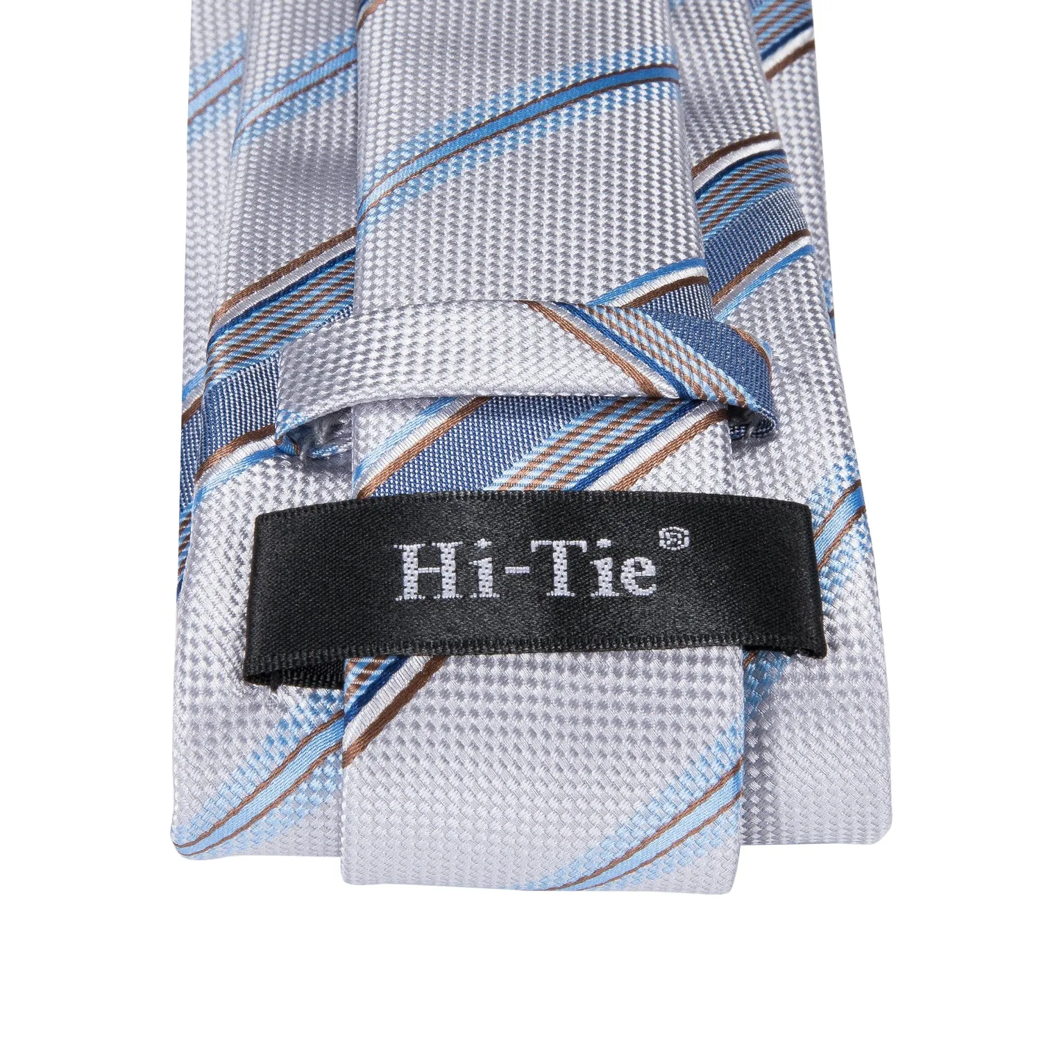 Hi-Tie White Light Blue Striped Men's Tie Pocket Square Cufflinks Set