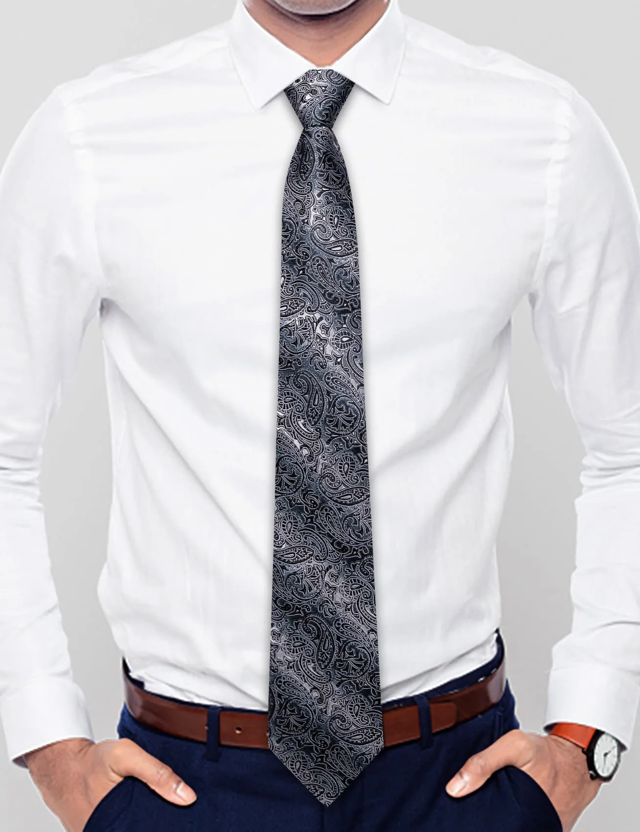 Hi-Tie Zipper Necktie Dark Gray Black Pattern Jacquard Men's Tie Set