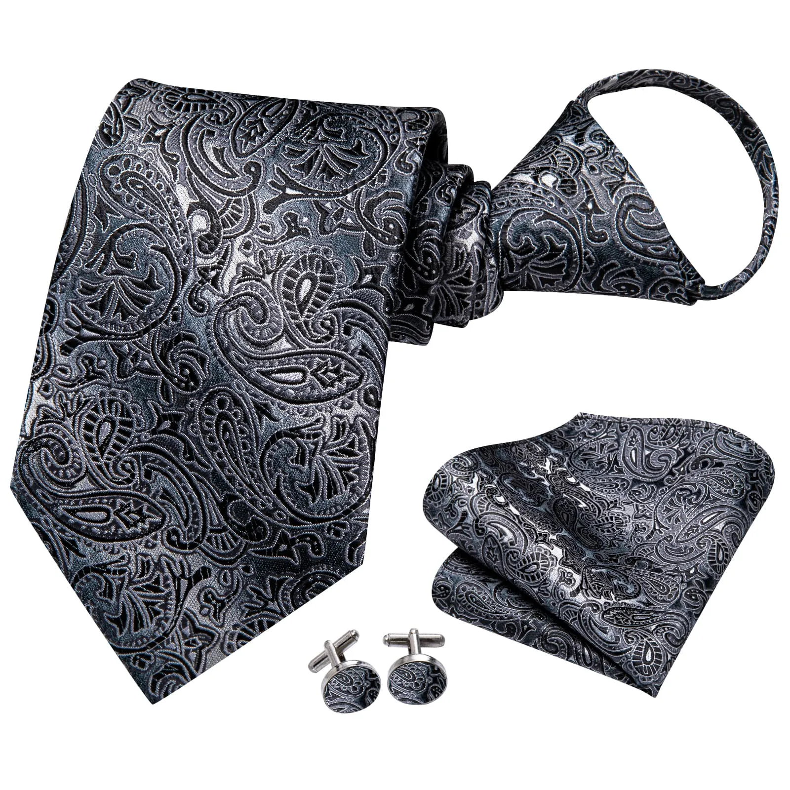 Hi-Tie Zipper Necktie Dark Gray Black Pattern Jacquard Men's Tie Set