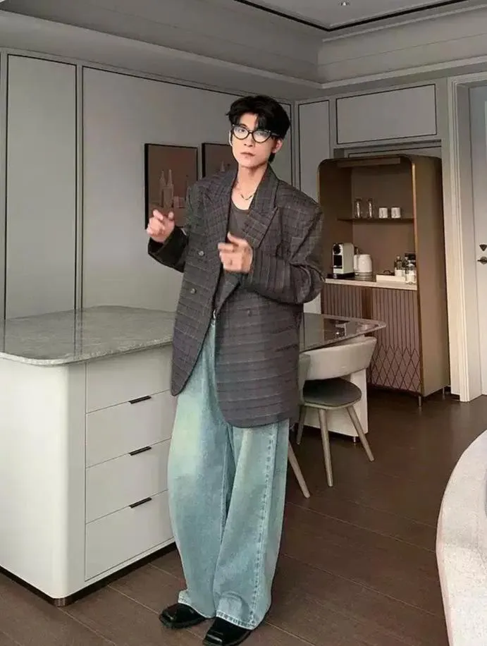Hua Peak Lapel Plaid Suit Blazer
