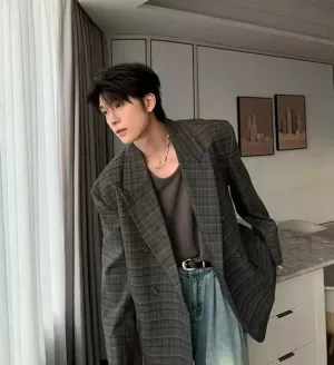 Hua Peak Lapel Plaid Suit Blazer
