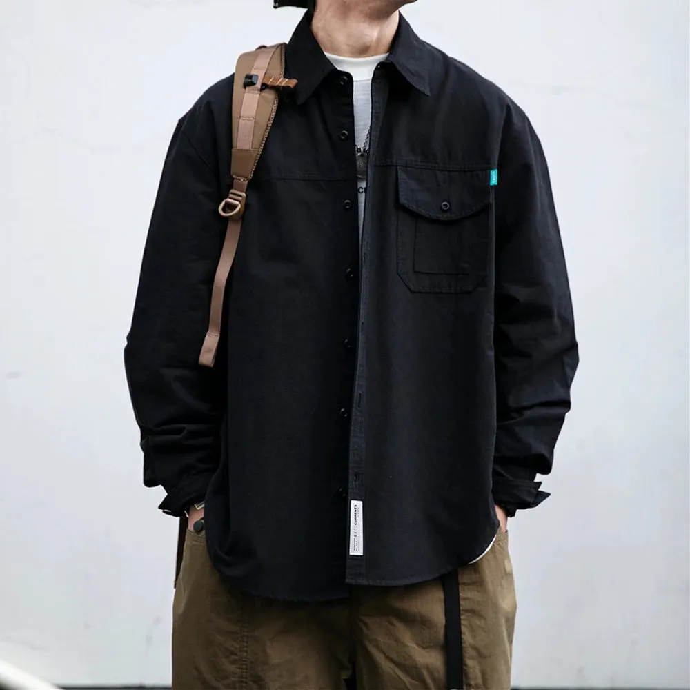 Japanese Black Cotton Vintage Shirt Men's Casual Loose Cargo Coat