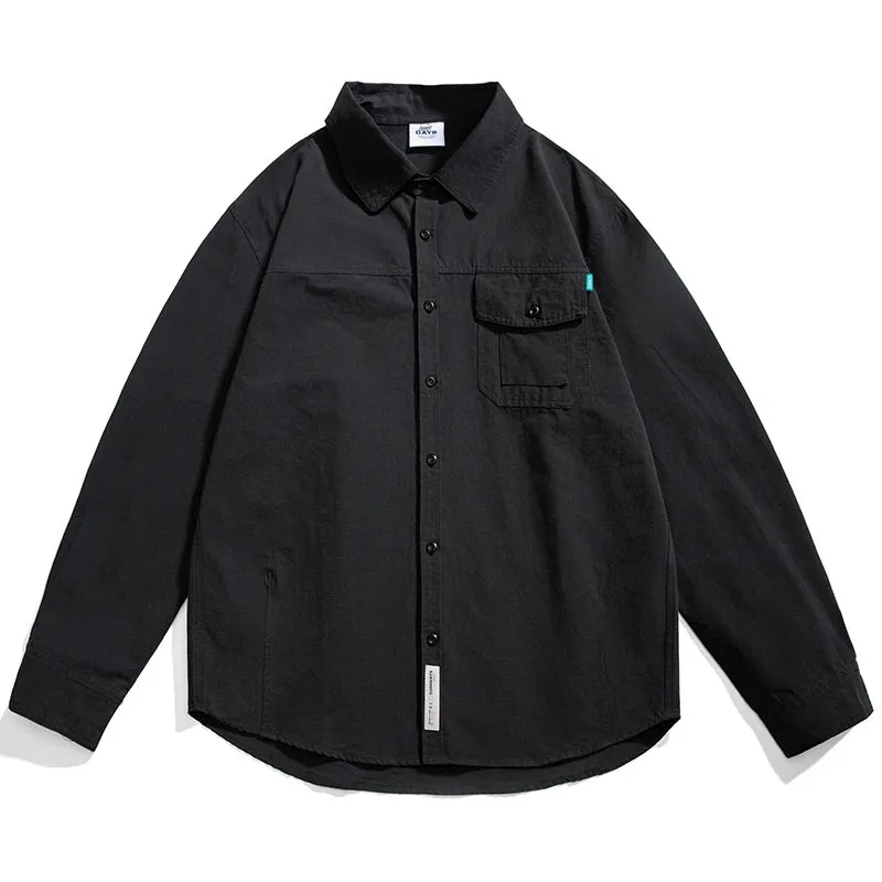 Japanese Black Cotton Vintage Shirt Men's Casual Loose Cargo Coat
