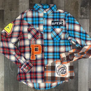 Kleep- flannel shirt w/ heavy cut blocks, heavy patch works & print effects