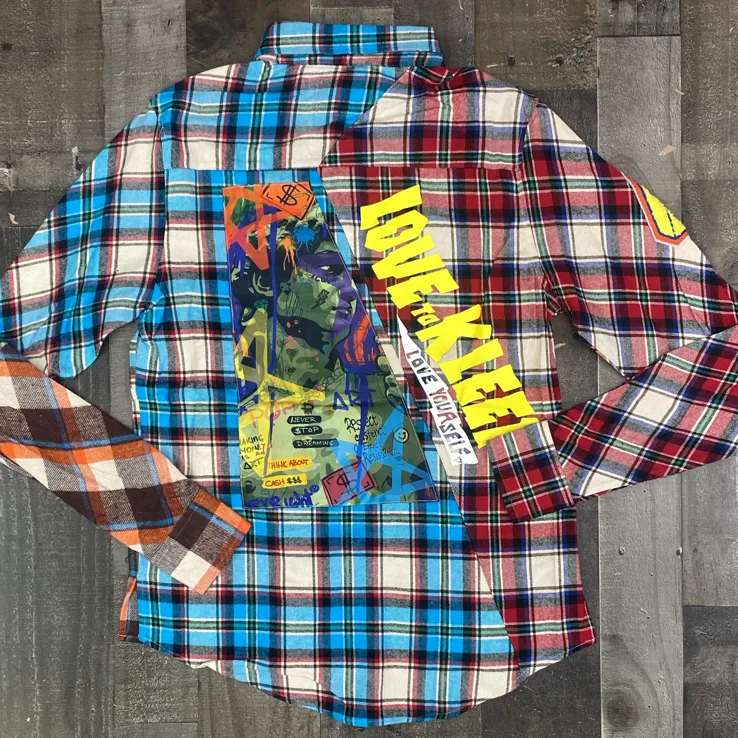 Kleep- flannel shirt w/ heavy cut blocks, heavy patch works & print effects