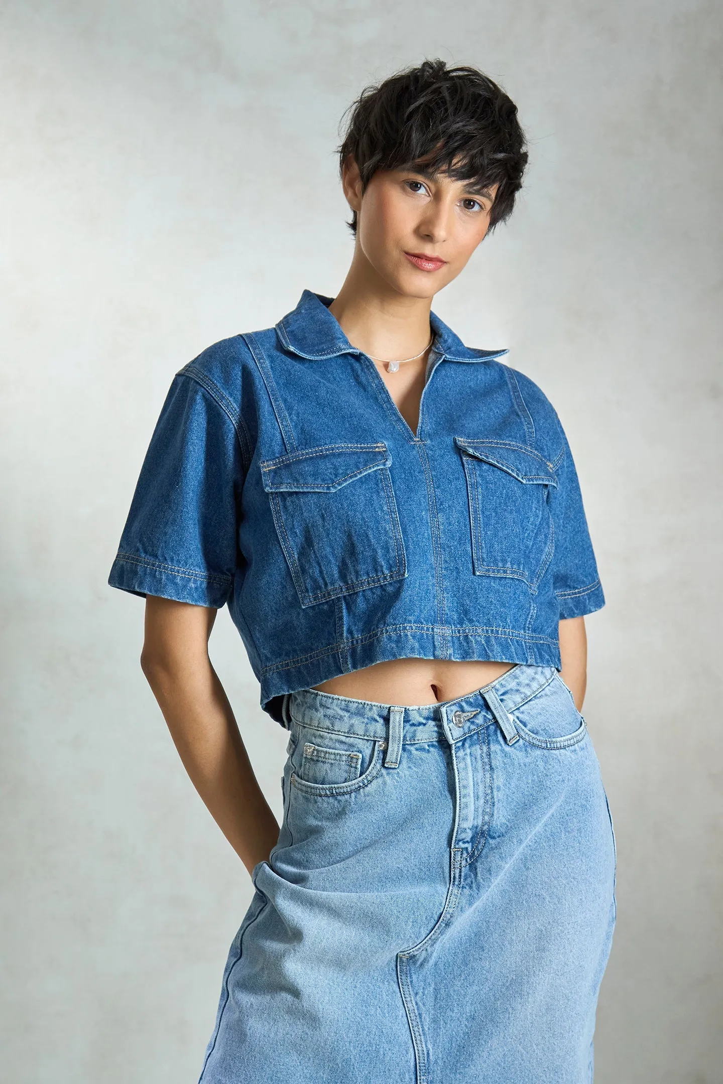 Lapis|Denim Seamed Crop Shirt