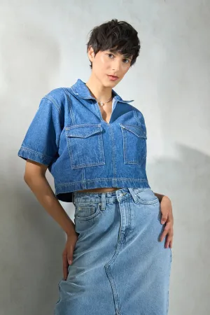 Lapis|Denim Seamed Crop Shirt