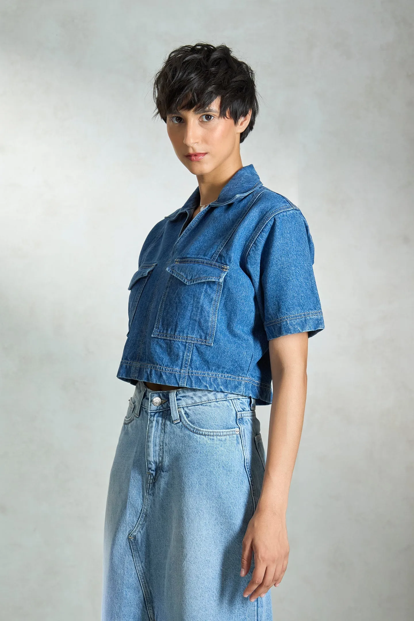 Lapis|Denim Seamed Crop Shirt