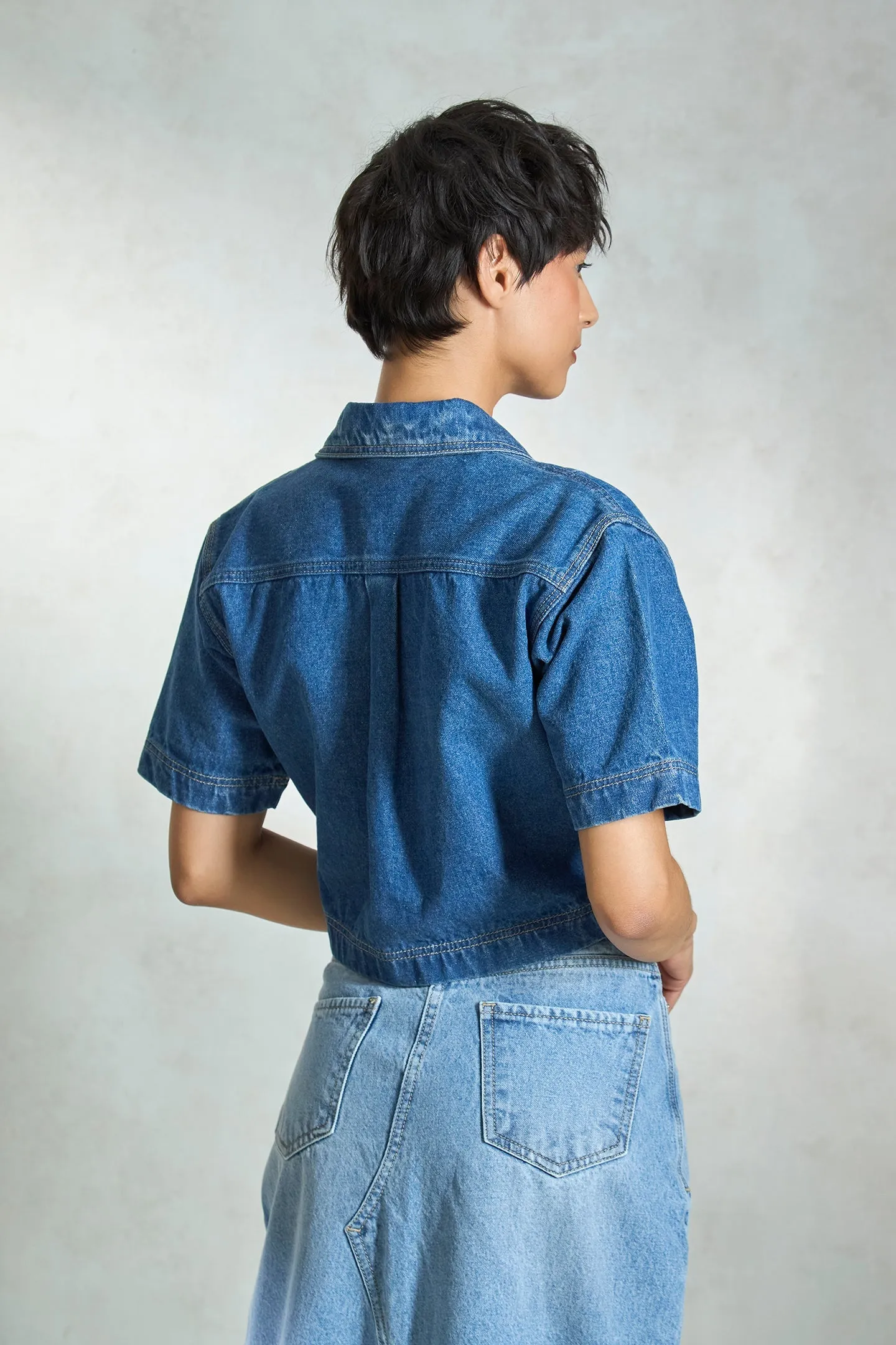 Lapis|Denim Seamed Crop Shirt