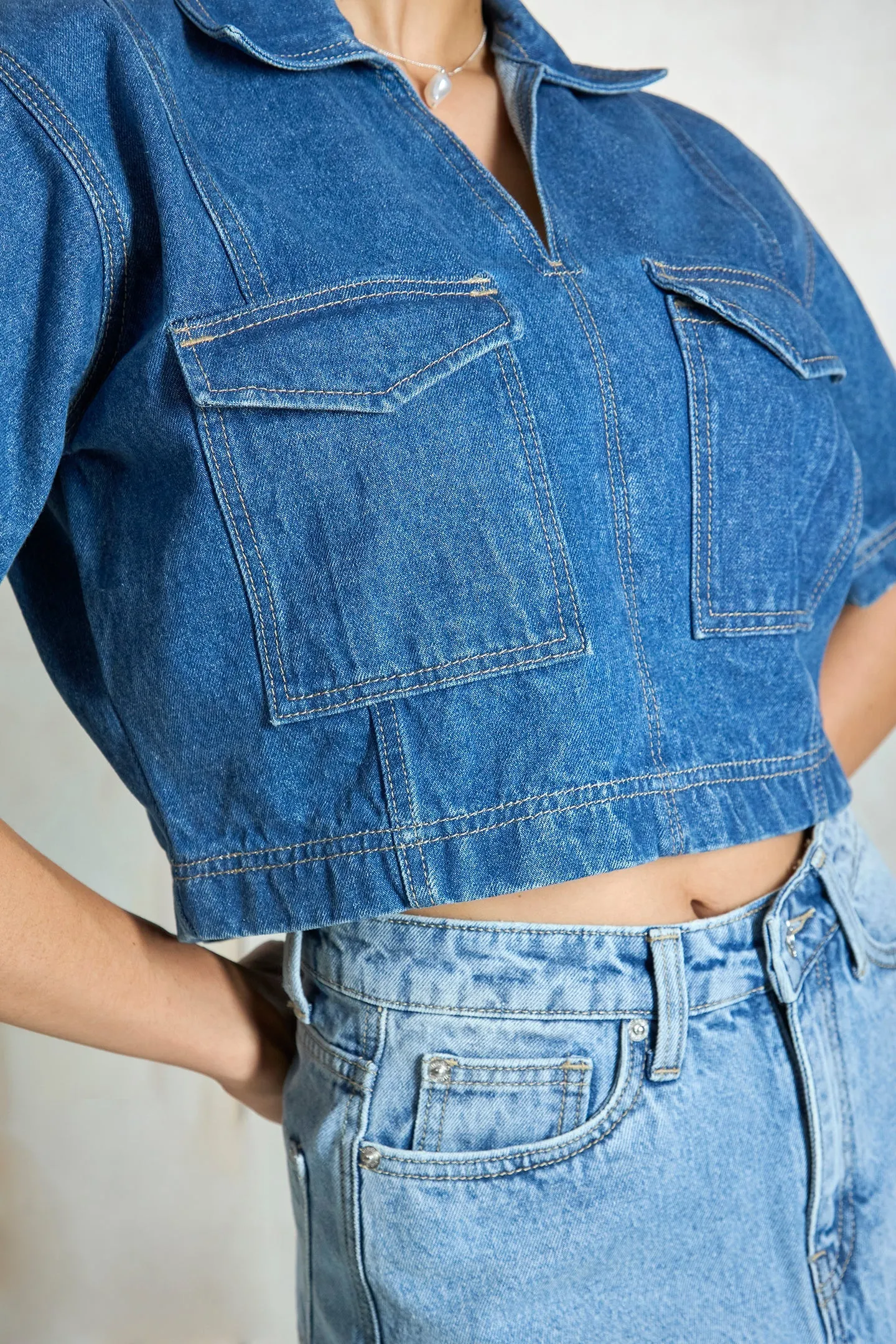 Lapis|Denim Seamed Crop Shirt