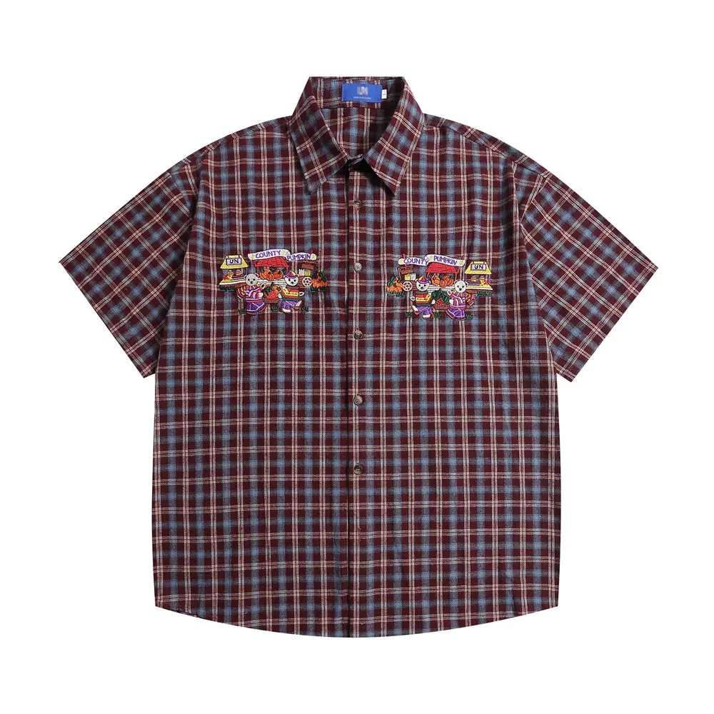 Little Bear Embroidery Plaid Short Sleeve Shirts - Retro Casual Loose Cotton Shirts