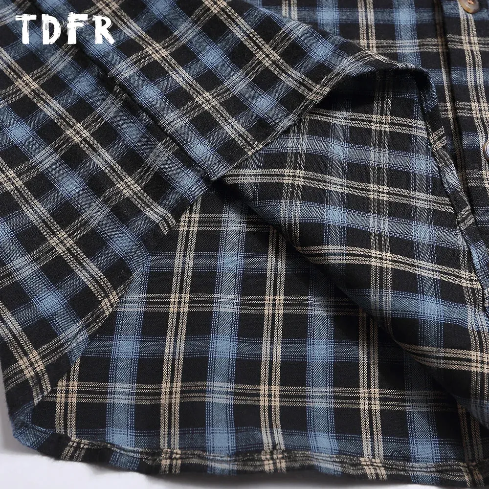 Little Bear Embroidery Plaid Short Sleeve Shirts - Retro Casual Loose Cotton Shirts