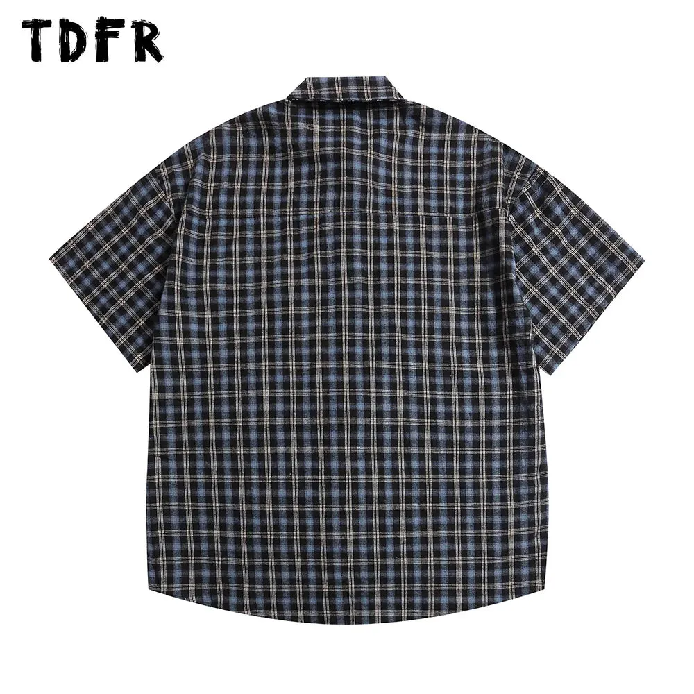 Little Bear Embroidery Plaid Short Sleeve Shirts - Retro Casual Loose Cotton Shirts