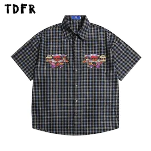 Little Bear Embroidery Plaid Short Sleeve Shirts - Retro Casual Loose Cotton Shirts