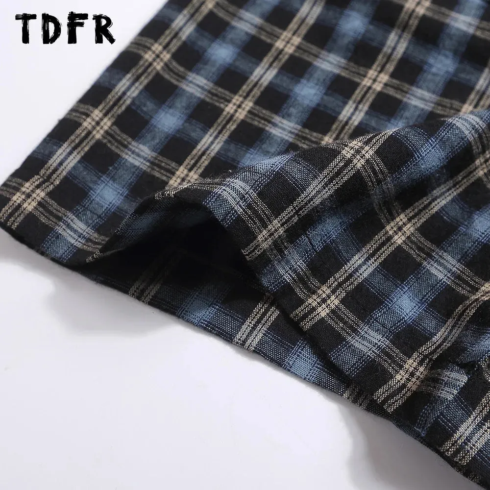 Little Bear Embroidery Plaid Short Sleeve Shirts - Retro Casual Loose Cotton Shirts