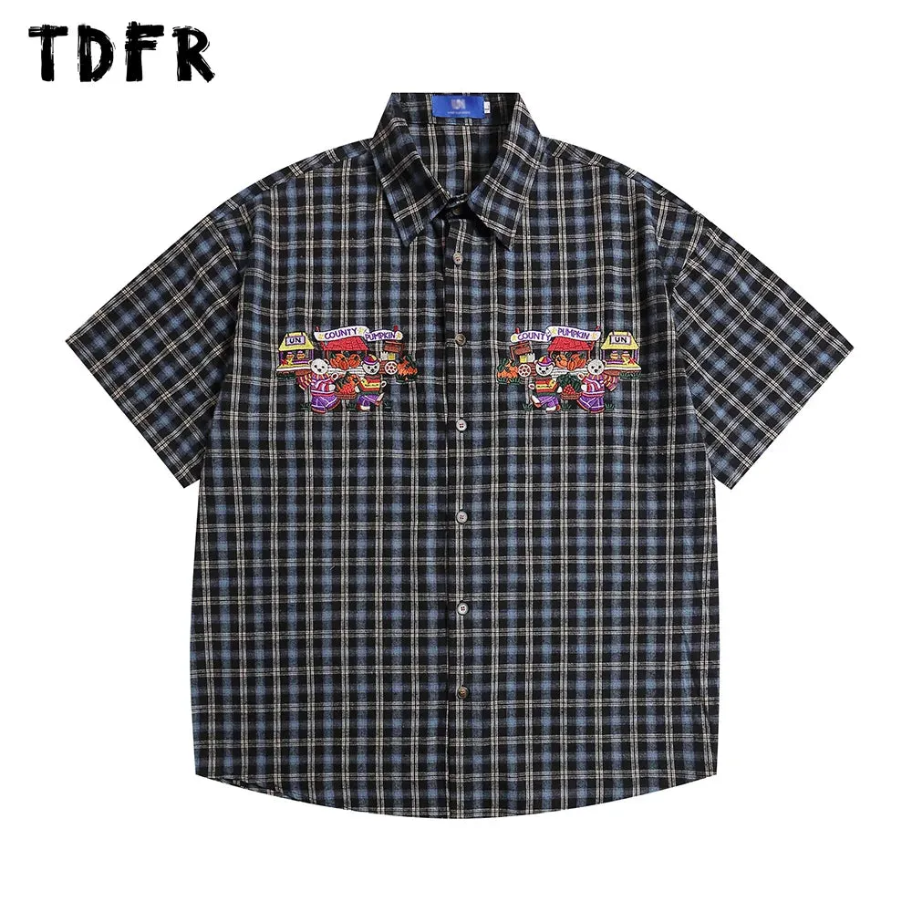 Little Bear Embroidery Plaid Short Sleeve Shirts - Retro Casual Loose Cotton Shirts