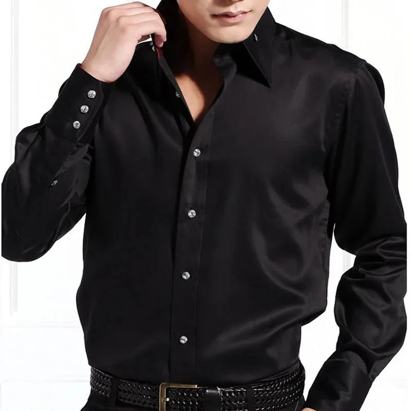 MC - Men’s Slim Fit Tuxedo Shirt: Black satin, silk smooth, ideal for weddings and parties