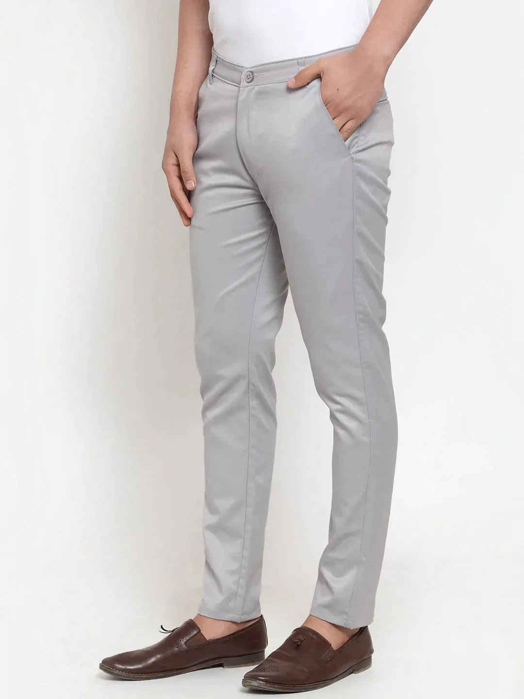 Men'S Grey Solid Formal Trousers