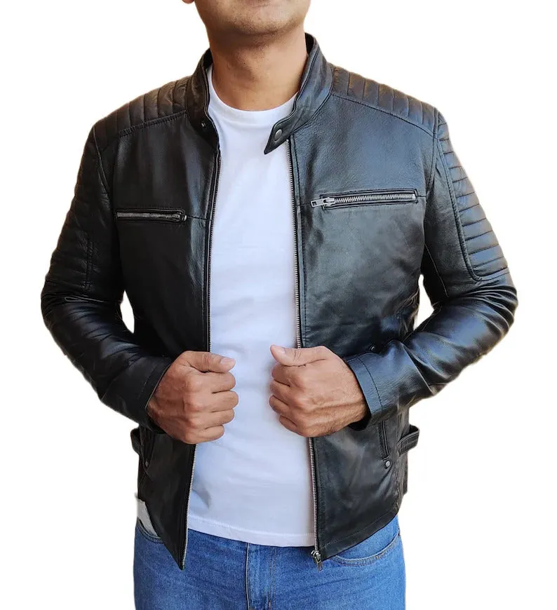 Men's Handmade Slim Fit Lambskin Leather Jacket: Best Motorcycle Biker Cafe Racing Jacket