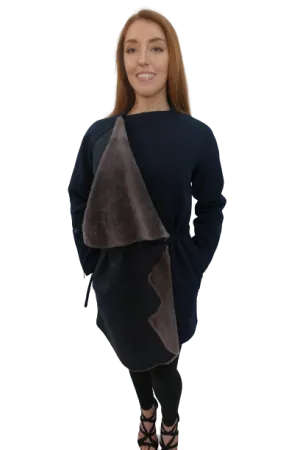 Navy Wool 7/8 Coat with Gray Shearling