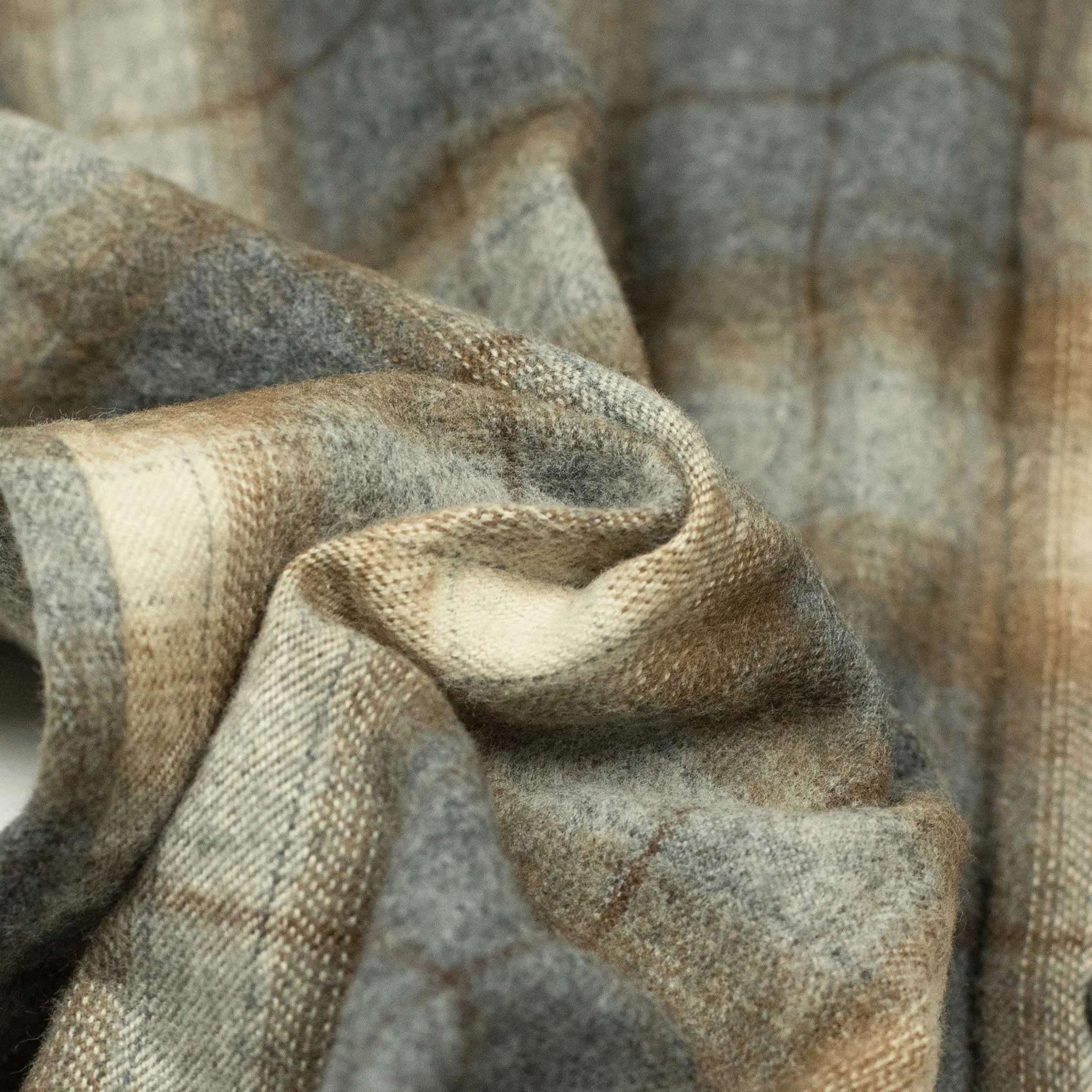 Open collar shirt in grey & beige shadow plaid cotton flannel