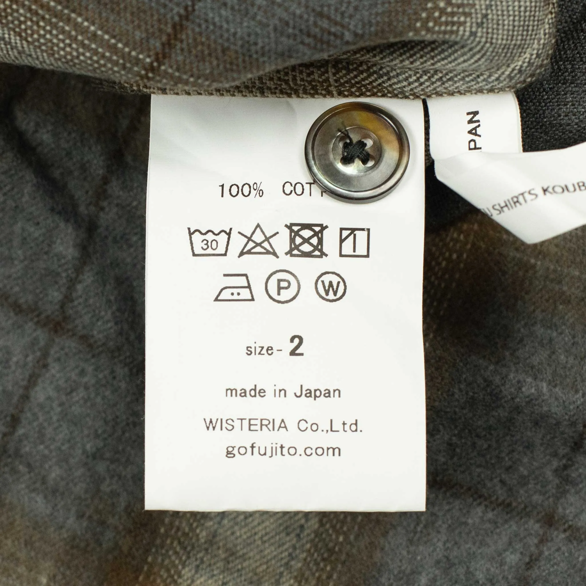 Open collar shirt in grey & beige shadow plaid cotton flannel