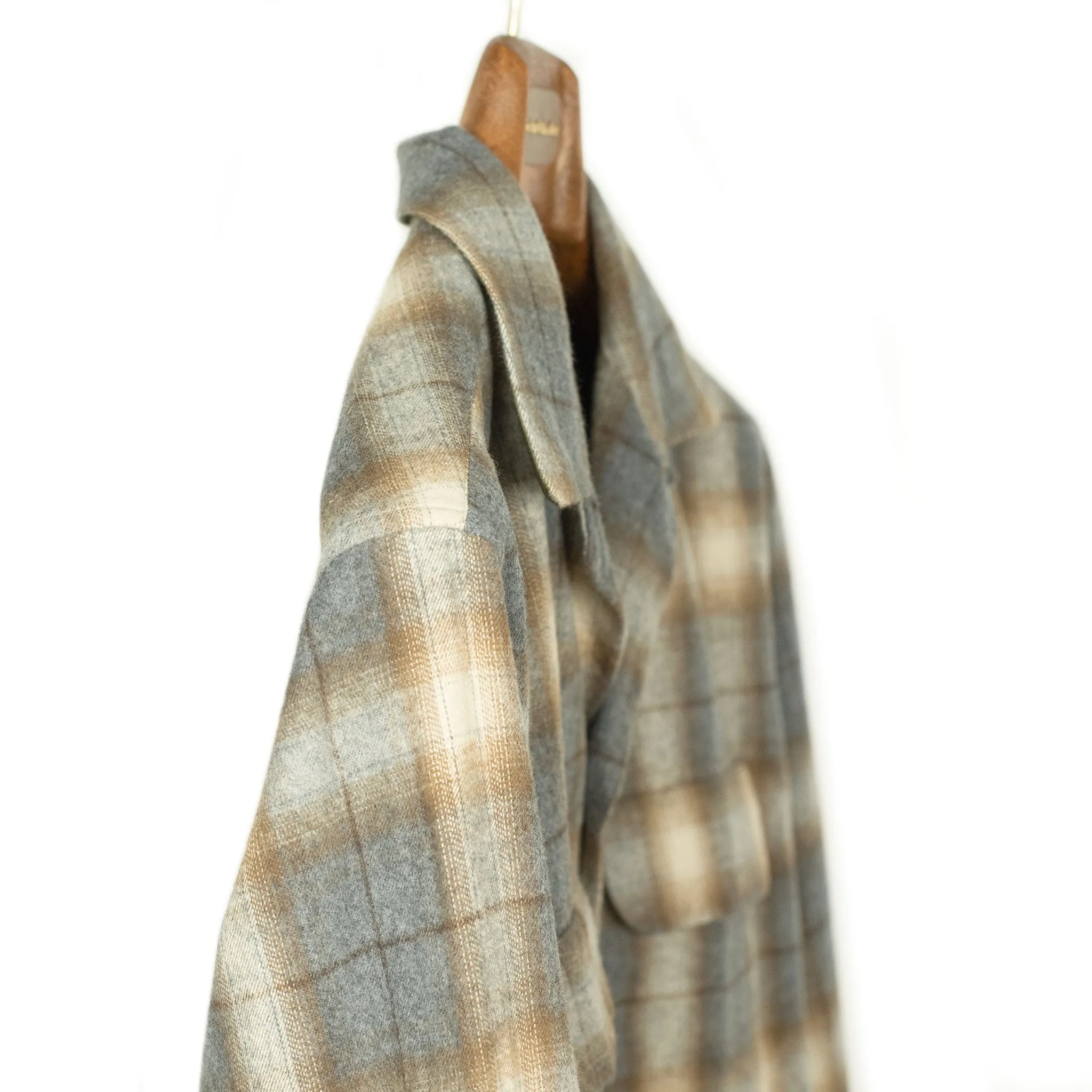 Open collar shirt in grey & beige shadow plaid cotton flannel