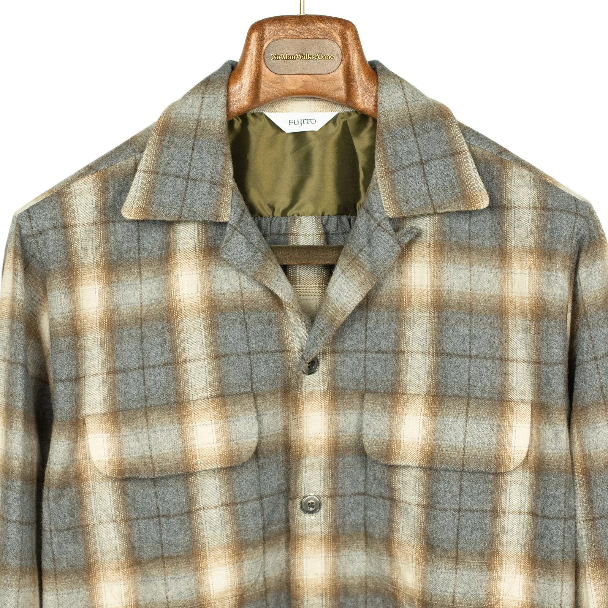Open collar shirt in grey & beige shadow plaid cotton flannel