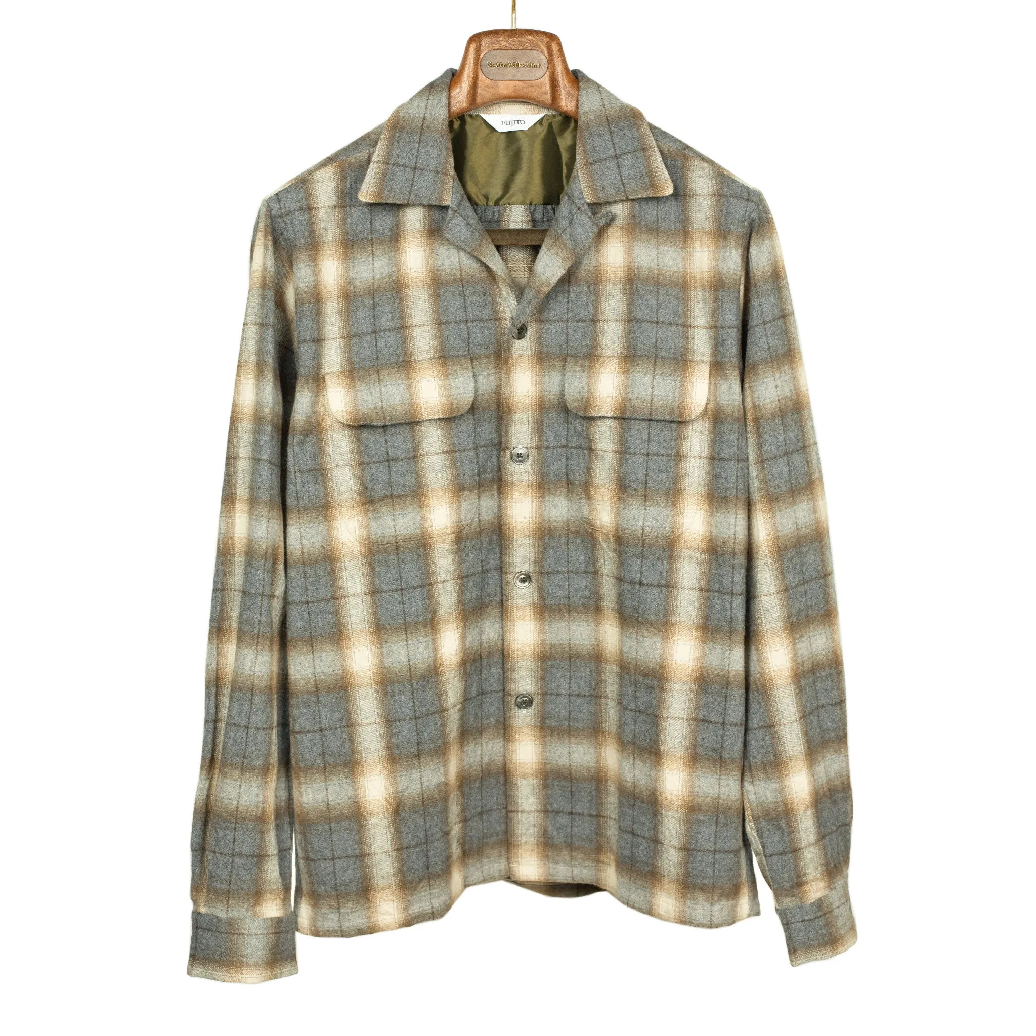 Open collar shirt in grey & beige shadow plaid cotton flannel