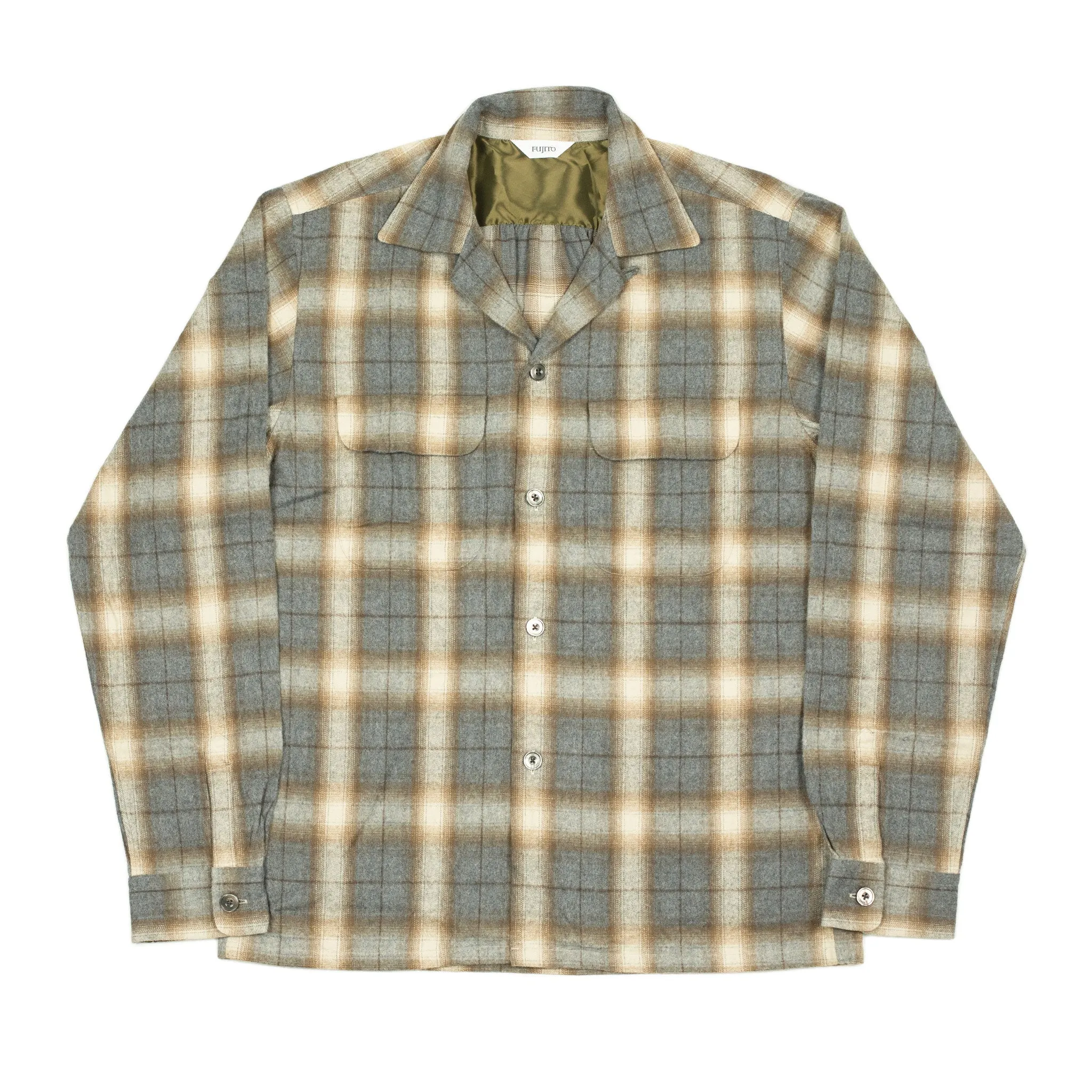 Open collar shirt in grey & beige shadow plaid cotton flannel