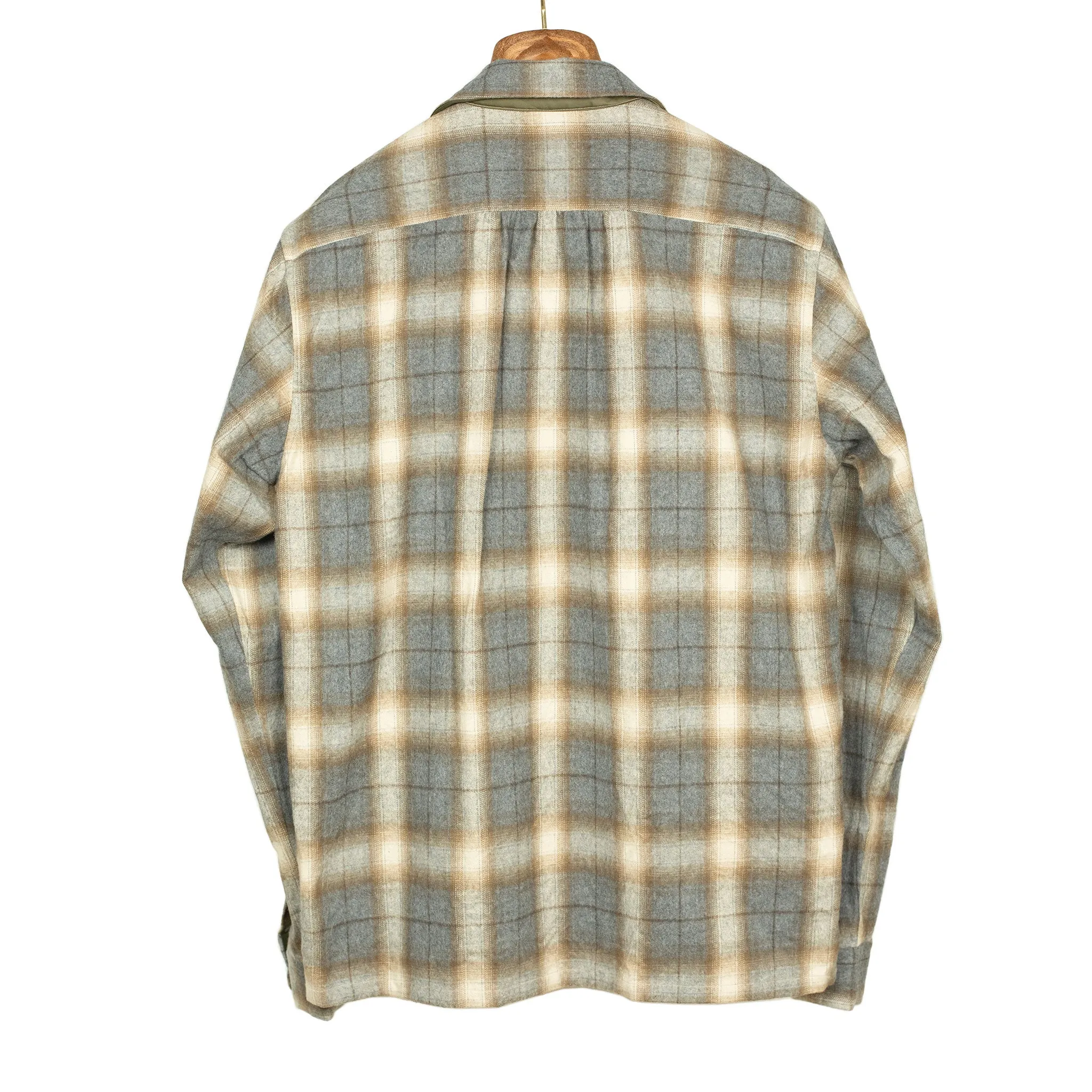 Open collar shirt in grey & beige shadow plaid cotton flannel