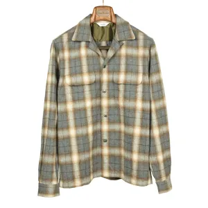 Open collar shirt in grey & beige shadow plaid cotton flannel