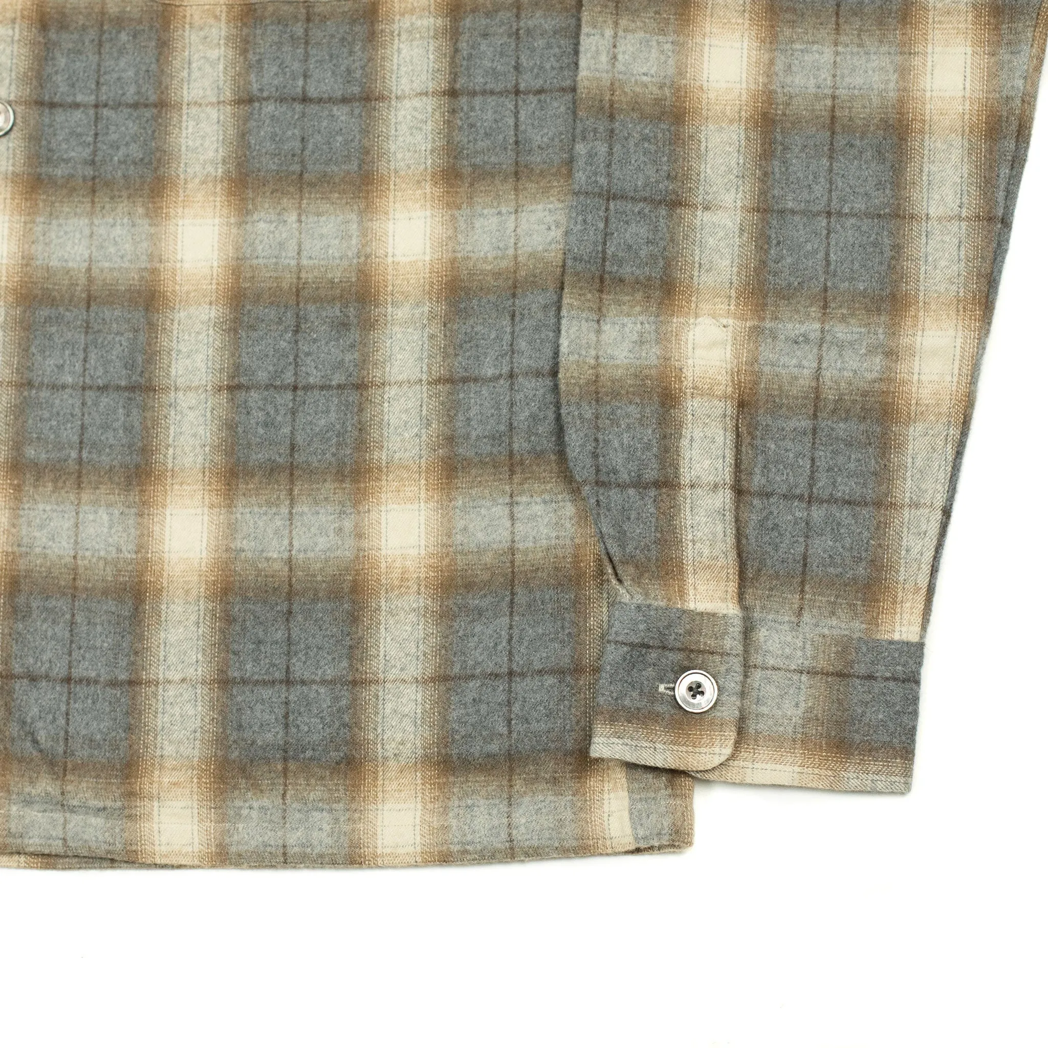 Open collar shirt in grey & beige shadow plaid cotton flannel