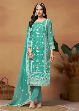 Pakistani Style Turquoise Embroidered Organza Salwar Suit