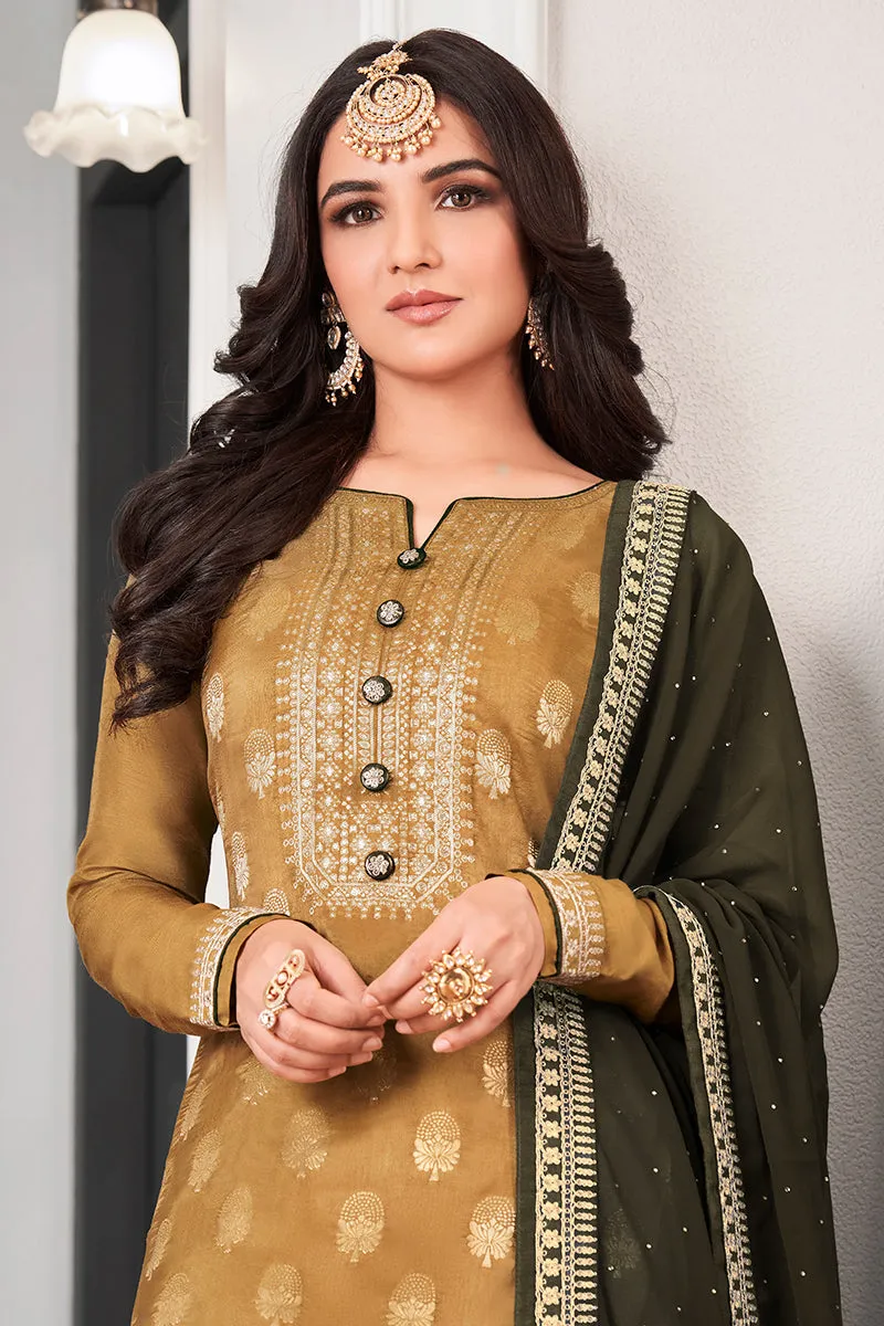Pale Yellow Dola Jacquard Silk Festival Salwar Kameez