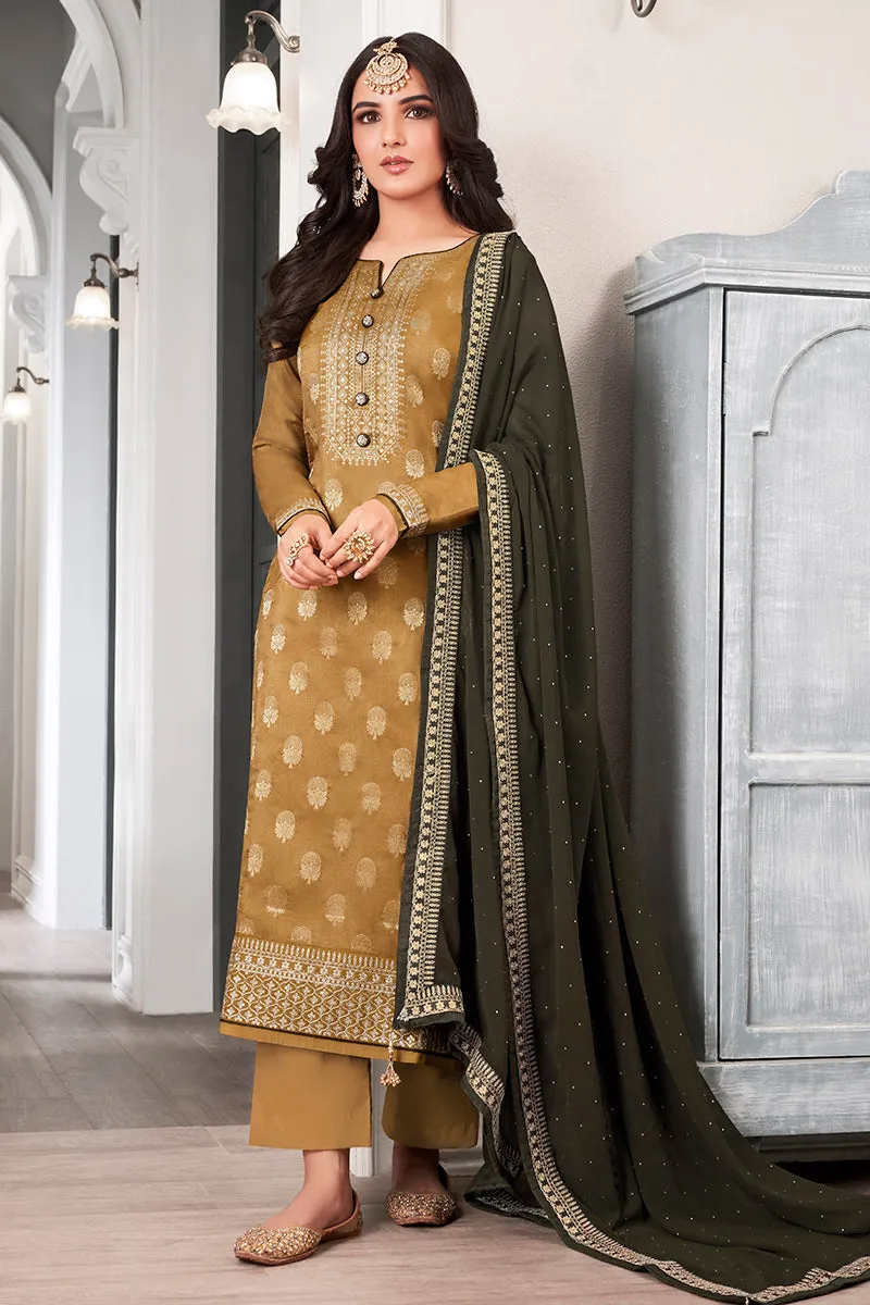 Pale Yellow Dola Jacquard Silk Festival Salwar Kameez