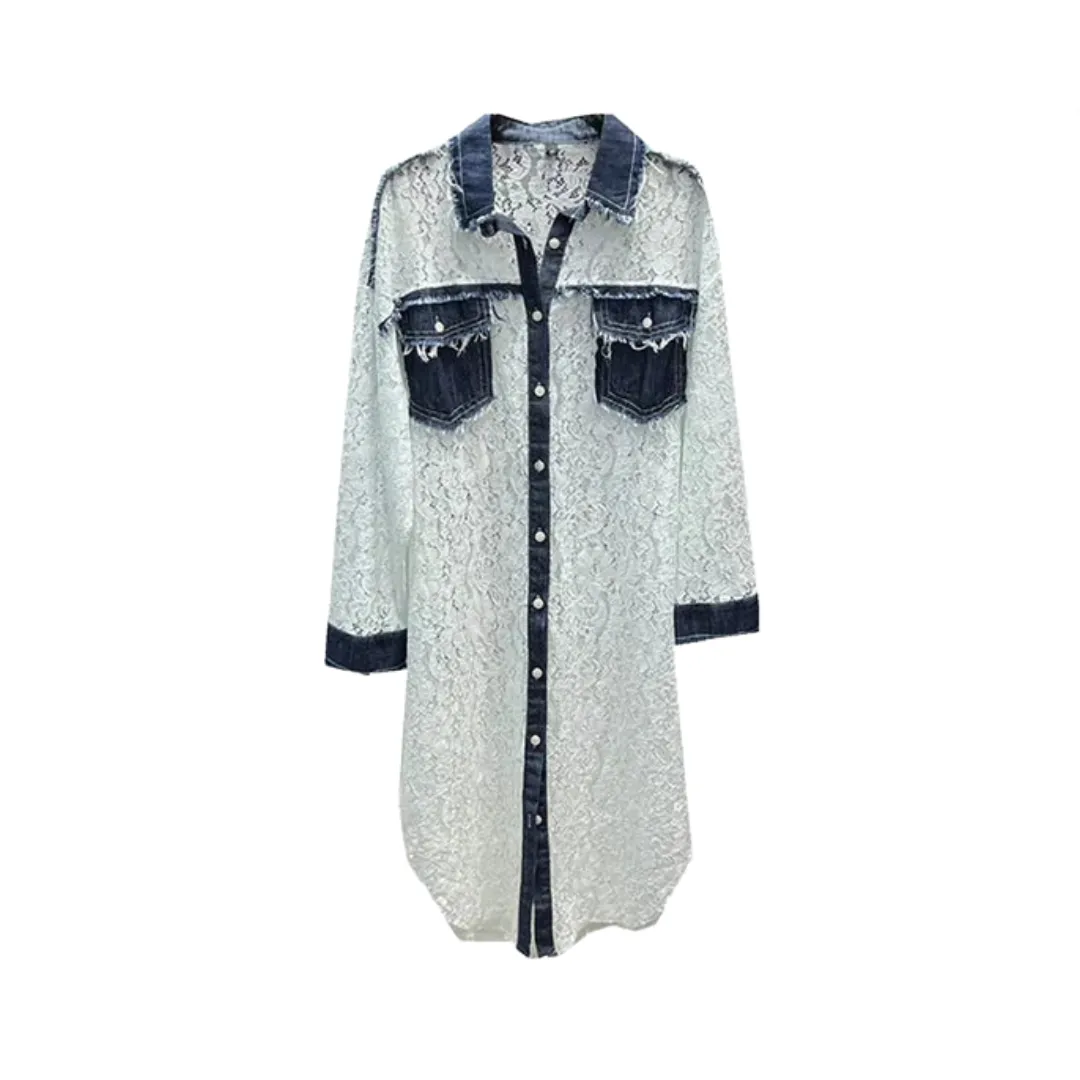 Pre Order:  Denim Patchwork Lace Shirt