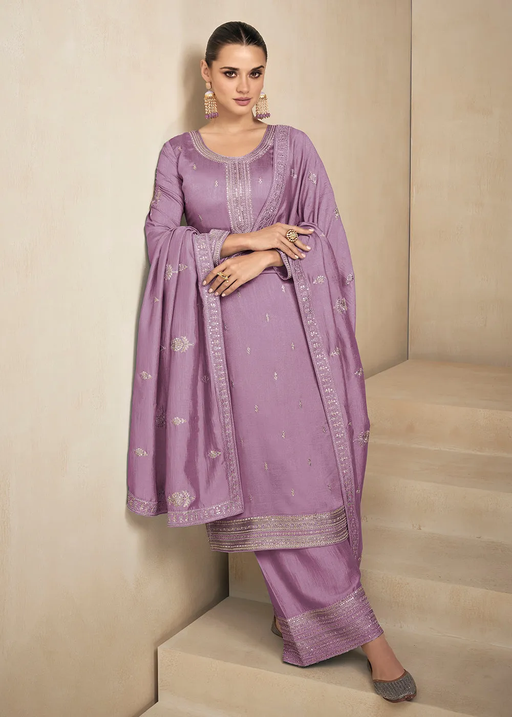 Premium Silk Pretty Lavender Embroidered Straight Pant Salwar Suit