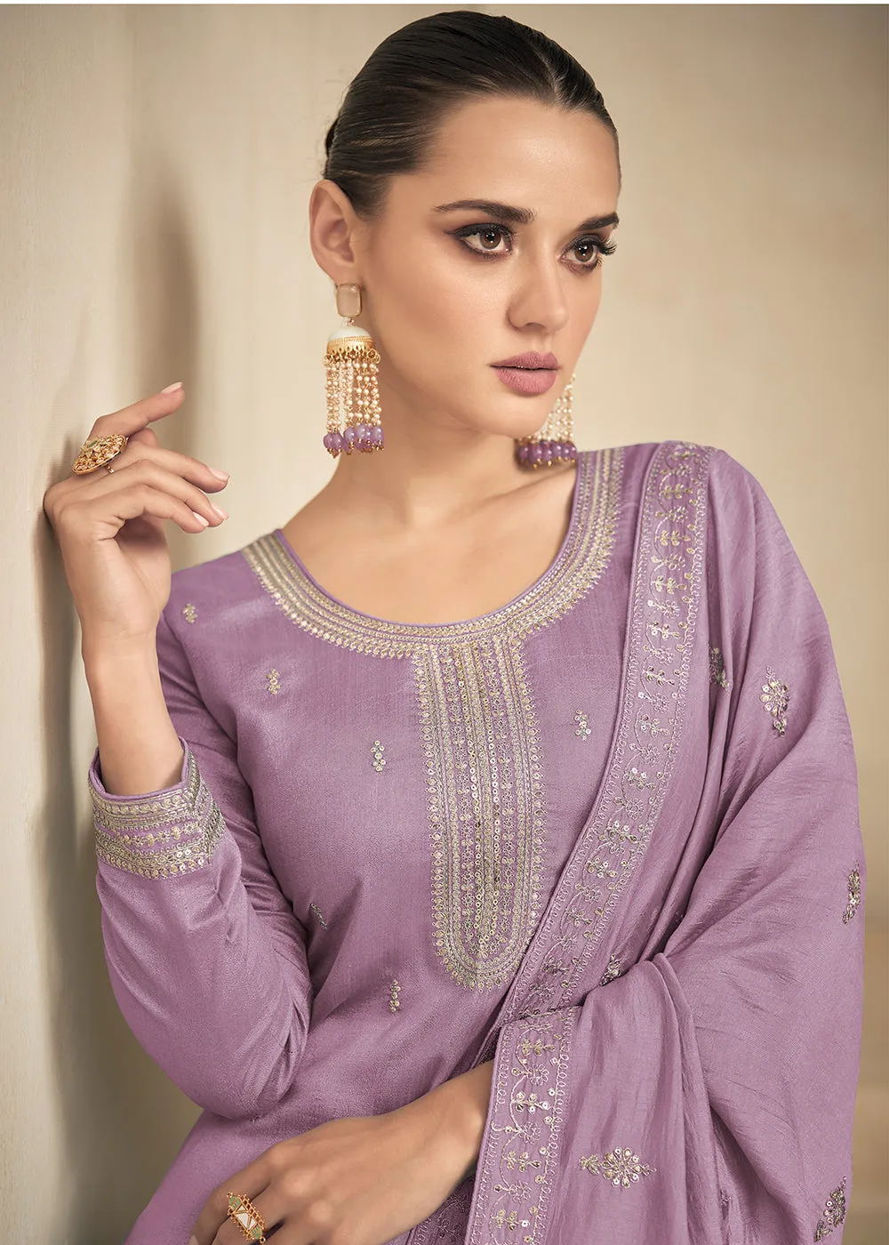 Premium Silk Pretty Lavender Embroidered Straight Pant Salwar Suit