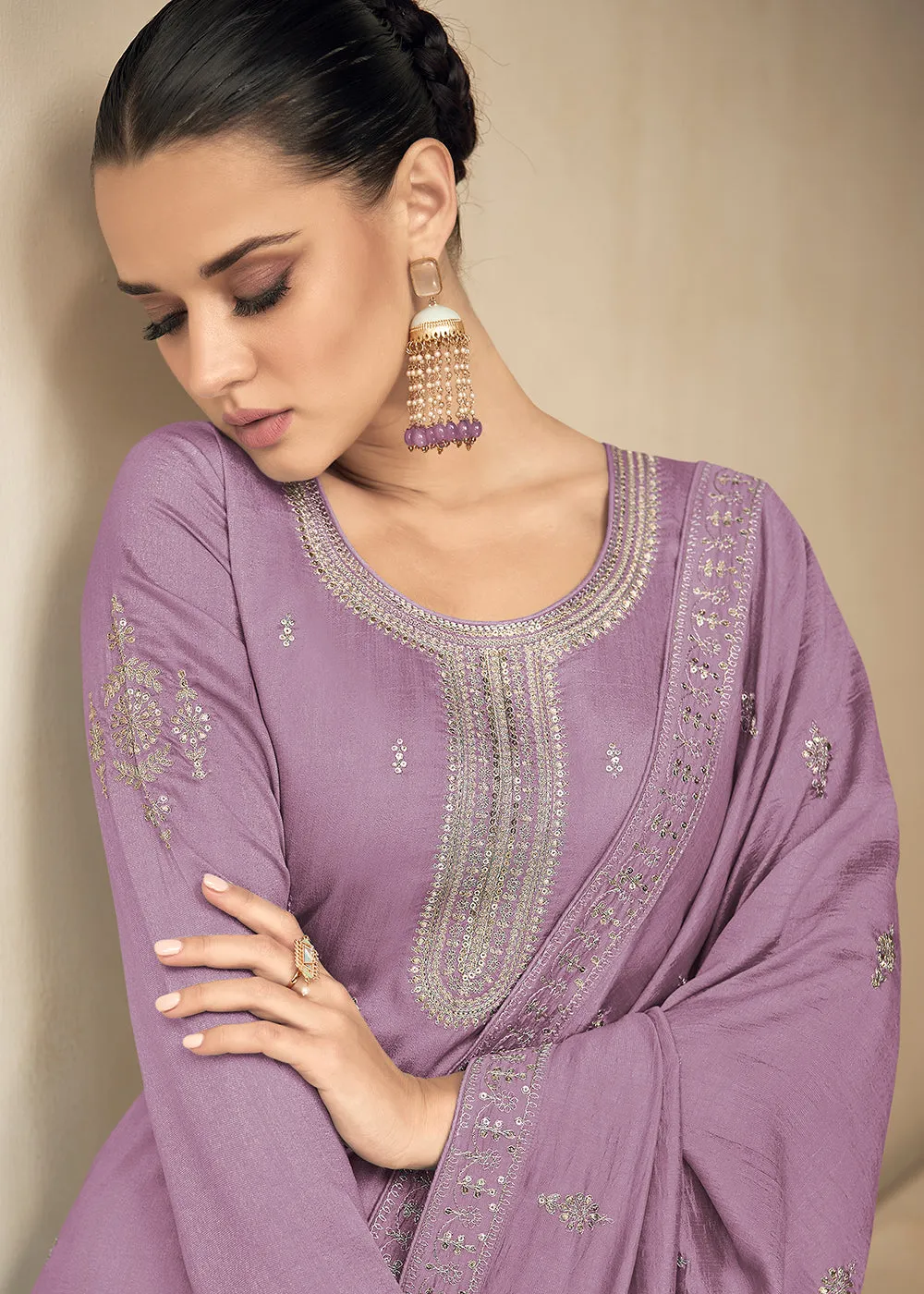 Premium Silk Pretty Lavender Embroidered Straight Pant Salwar Suit