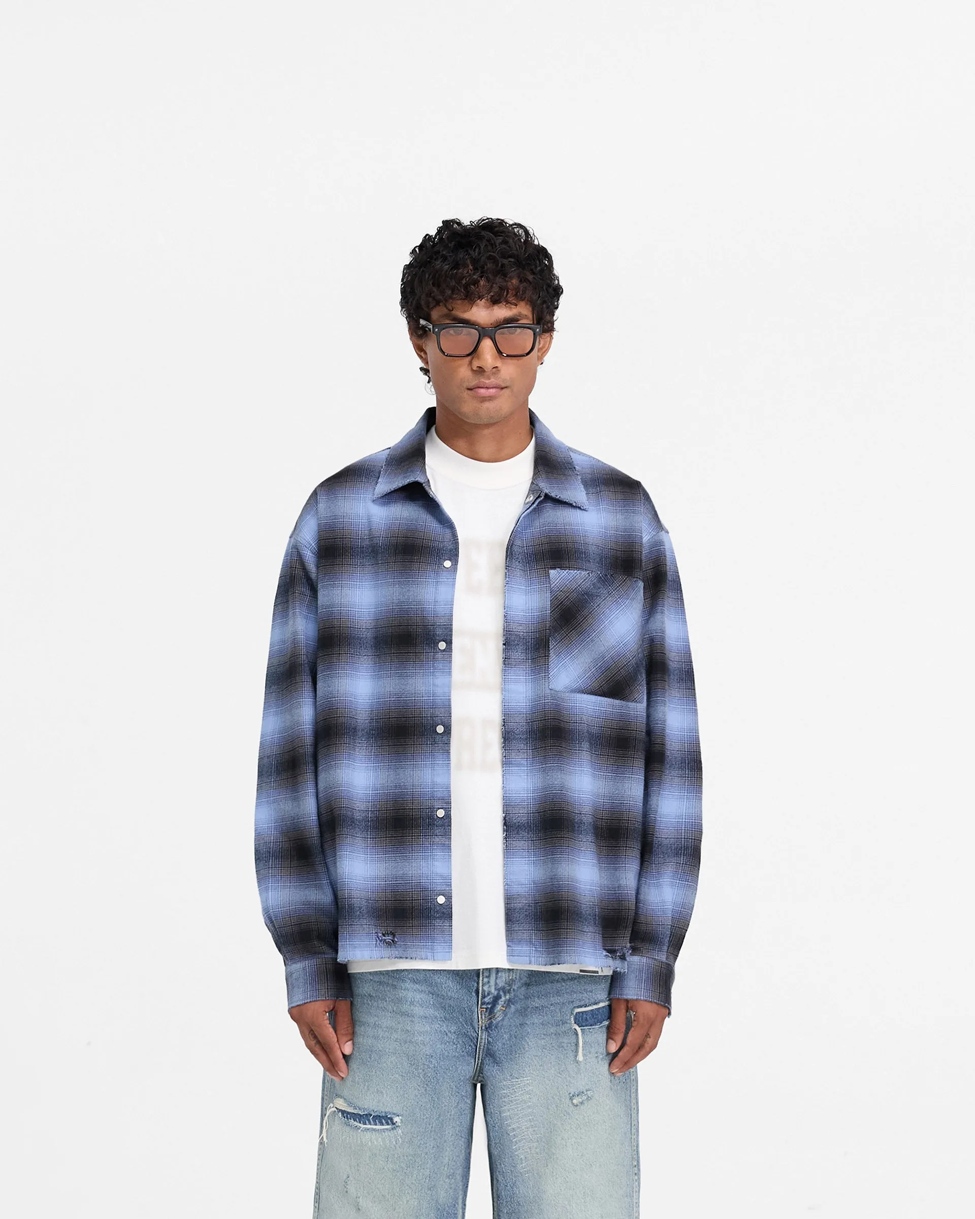 Represent X End Distressed Flannel Shirt - Blue