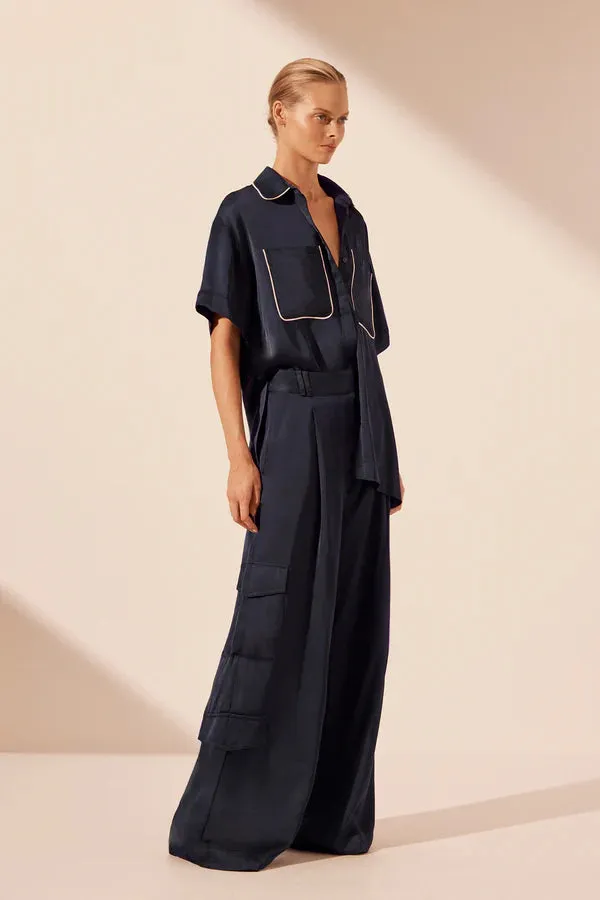 SHONA JOY - Shae Contrast S/S Relaxed Shirt - Aegean Blue