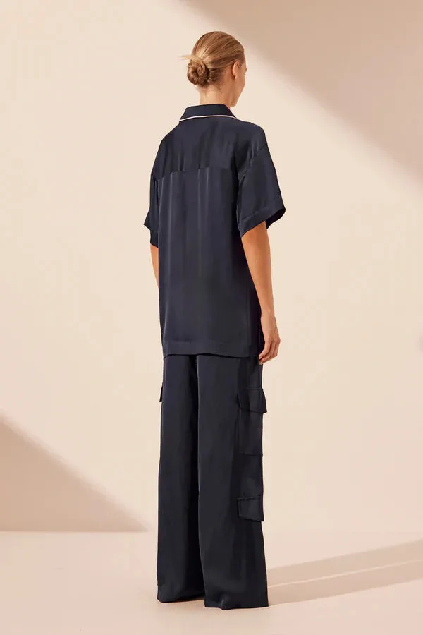 SHONA JOY - Shae Contrast S/S Relaxed Shirt - Aegean Blue