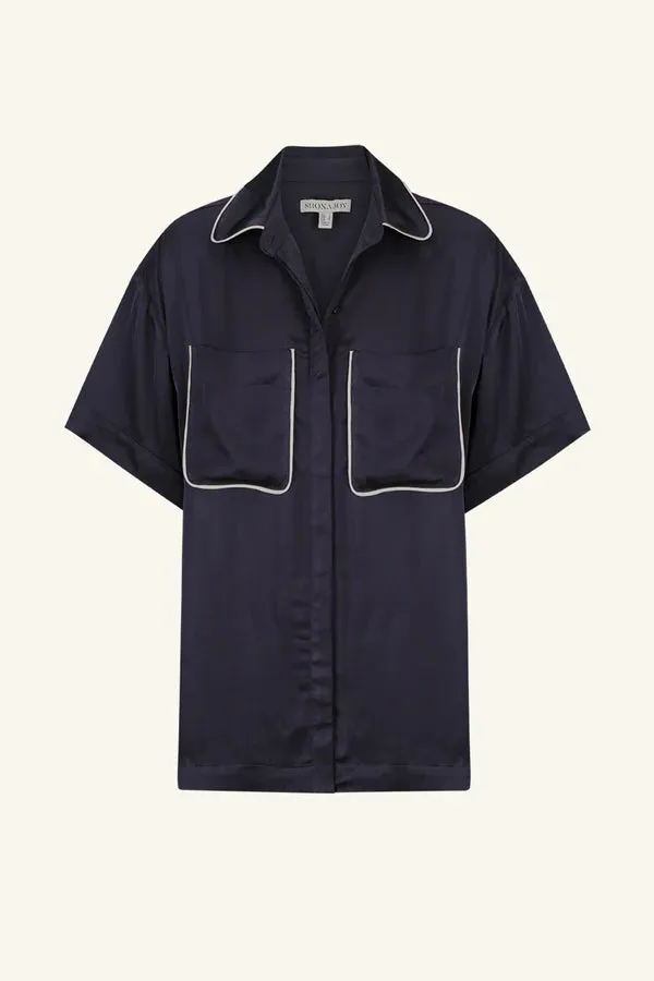 SHONA JOY - Shae Contrast S/S Relaxed Shirt - Aegean Blue